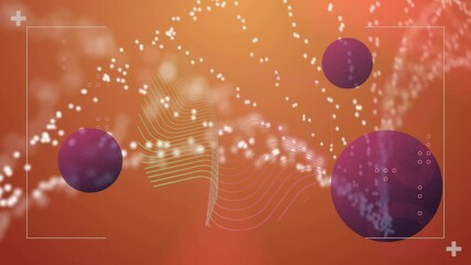 Poster - purple spheres and dynamic lines on orange background in abstract digital animation
