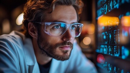 Poster - A researcher investigates the principles of quantum mechanics, focusing on qubits, superposition, and entanglement using computer simulations. The setting is a modern laboratory.