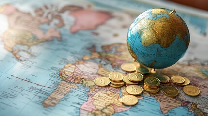 Poster - A modern investment and banking concept showing a globe resting on a world map with financial elements like coins.