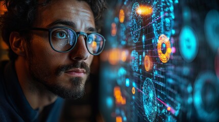 Leinwandbilder - A researcher intently analyzes dynamic visualizations of quantum computing concepts like qubits, superposition, and entanglement on a digital display.