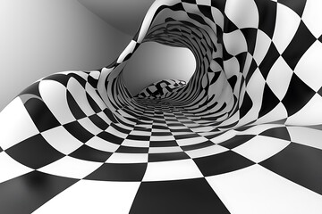 Poster - an abstract hallway with black and white checkered pattern