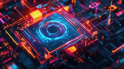 Poster - A neon-lit technology icon surrounded by digital security symbols, symbolizing encryption and cybersecurity.