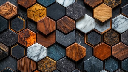Fototapete - Unique arrangement of hexagonal tiles showcasing various textures and colors in a modern interior design setting