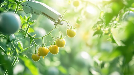Poster - A robotic arm gently harvesting tomatoes in a high-tech indoor farm, symbolizing agricultural automation.