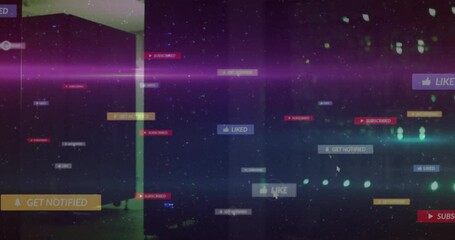 Poster - Floating social media icons and digital notifications over abstract animation background