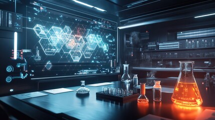 Poster - A sci-fi-style digital classroom featuring transparent holographic floating symbols for chemistry, physics, and mathematics.
