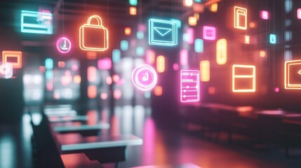 Fototapete - A sci-fi inspired digital classroom with bright neon-themed floating academic icons hovering in a virtual space.