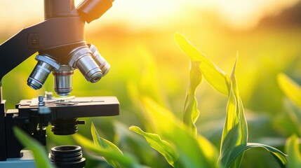 Poster - A scientist examining genetically modified crops under a microscope, symbolizing advancements in agricultural biotechnology.