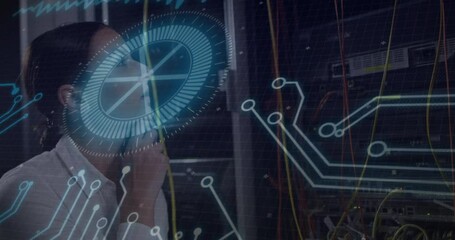 Poster - Analyzing animation of futuristic digital interface with circuit patterns in school