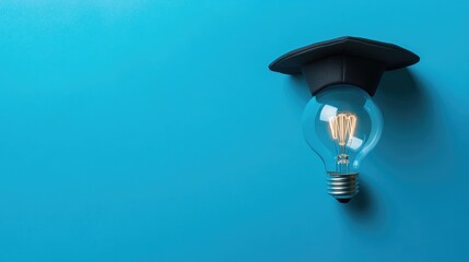 Poster - A thought-provoking image of a bachelor cap and an illuminated bulb casting a warm glow on a vibrant blue backdrop.
