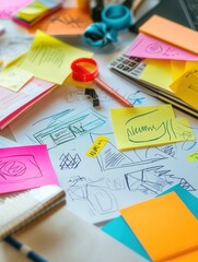Poster - Creative workspace filled with colorful sticky notes, sketches, and design elements scattered on a busy brainstorming table