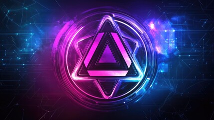 Poster - A vibrant digital tech symbol in a triadic color scheme, floating in a high-tech environment with futuristic lighting.