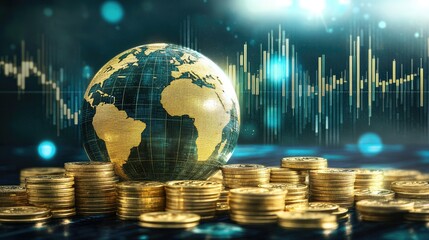 Poster - Digital financial growth representation with a world globe surrounded by rising gold coins and stock trend lines.