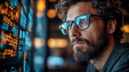 Poster - A man with curly hair and glasses observes a digital display filled with quantum computing concepts such as qubits and superposition. He appears engaged in thought, analyzing the data.