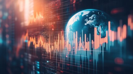 Poster - Economic innovation concept with a semi-transparent Earth, blockchain ledgers, and financial bar charts.