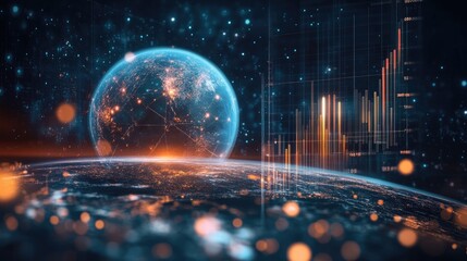 Poster - Economic innovation concept with a semi-transparent Earth, blockchain ledgers, and financial bar charts.