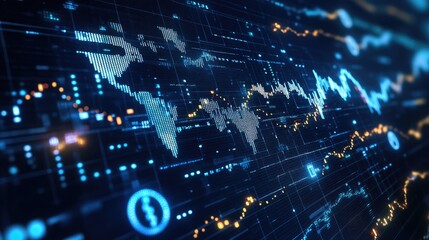 Poster - Futuristic economic network with financial data points connecting global trade markets and currency symbols.