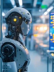 Fototapete - High-tech robot interactive in a modern laboratory with various screens and lights