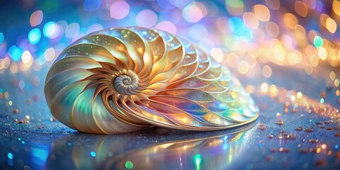 a shimmering iridescent nautilus shell rests on a sparkling surface, illuminated by a breathtaking a