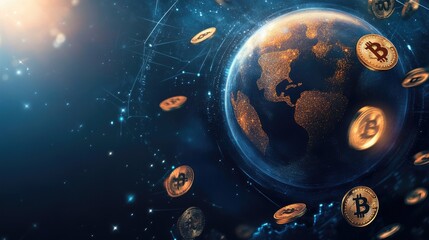 Poster - Global trade and investment concept with a holographic Earth, cryptocurrency icons, and money stacks.