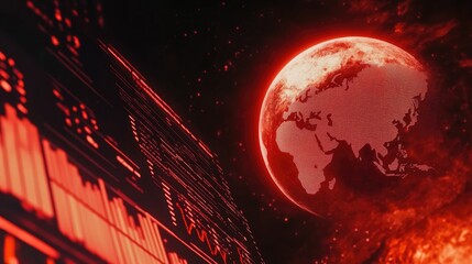 Poster - High-tech finance background with holographic trading graphs, a rotating world globe, and cryptocurrency symbols.
