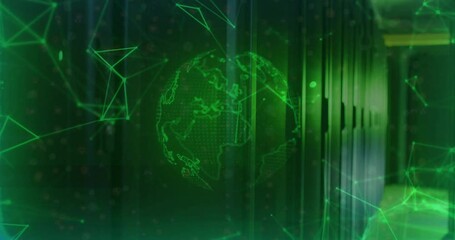Poster - Animation of green digital globe and network connections in data center server racks