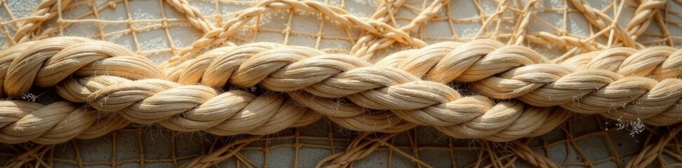 Coarse rope intertwined with a fine beige net , texture, macro, grungy