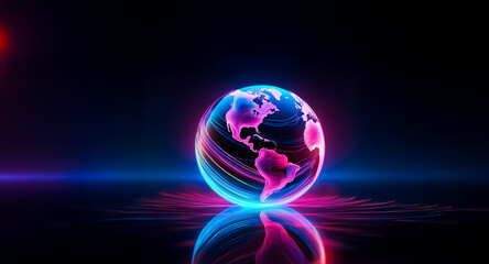 Aufkleber - Neon globe with vibrant pink and blue hues, illuminated on a reflective dark surface. Abstract digital art with a cosmic feel.