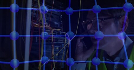 Poster - In server room, person using phone while network connections animation processing data
