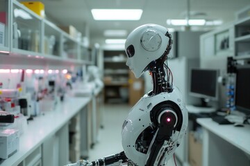 Fototapete - High-tech laboratory featuring an advanced robot with intricate design and glowing elements working on scientific tasks