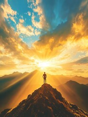Poster - Silhouette of a person celebrating triumph atop a mountain peak as golden sunlight breaks through clouds during sunset
