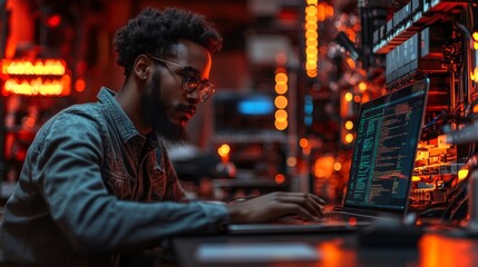 Aufkleber - A person focuses intently on a laptop displaying complex code, exploring quantum encryption techniques. Surrounding them are vivid lights and technology, indicating a research environment.