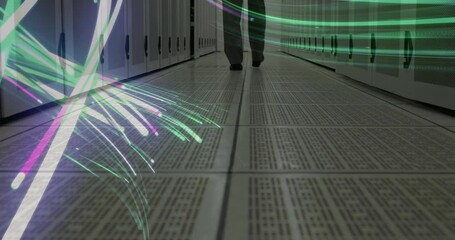 Aufkleber - walking in data center corridor, person surrounded by fiber optic light animation