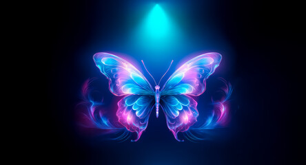 Wall Mural - a radiant butterfly with luminous blue and pink wings is centered on a dark backdrop, bathed in a br