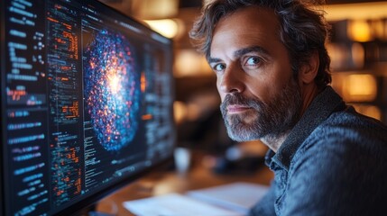 Leinwandbilder - A researcher examines quantum algorithms displayed on a screen in a contemporary office setting. The environment suggests a focus on quantum computing and data optimization methods.