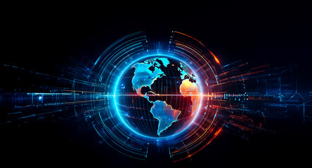 Poster - Futuristic representation of the globe with glowing blue and orange lights, encircled by digital lines and circles against a dark background.