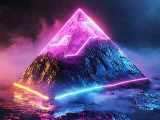 Surreal abstract 3D pyramid with neon highlights