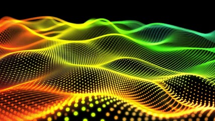 Poster - Vibrant Digital Wave Pattern with Flowing Lines and Dots in Spectrum of Colors from Red to Green, Creating Dynamic and Futuristic Visual Effect Against Black Background, Representing Energy