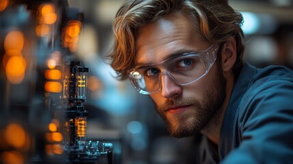 Leinwandbilder - A researcher investigates the principles of quantum mechanics, focusing on qubits, superposition, and entanglement in a cutting-edge laboratory. The environment is filled with energy and innovation.