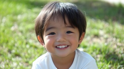 Poster - Smiling child enjoying a sunny day in a park with green grass in the background