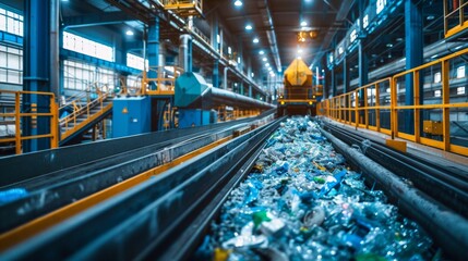 Poster - Plastic waste is moving on a conveyor belt in a large recycling facility filled with industrial machinery and ample natural light, illustrating the sorting process of recyclables.