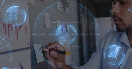 Poster - Analyzing data, business professional using digital globe and animation graphs