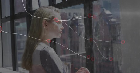 Poster - Looking out window, woman observing digital network animation with overlay effects