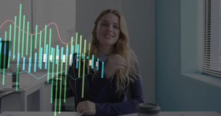 Poster - Smiling woman in office with colorful financial data animation overlay