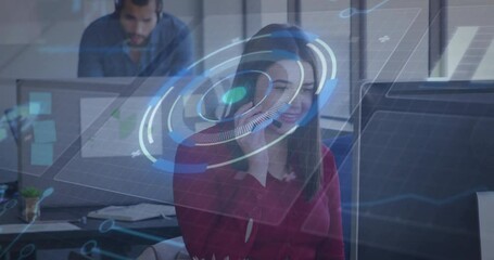 Poster - Using animation, businesswoman on phone with digital interface in office
