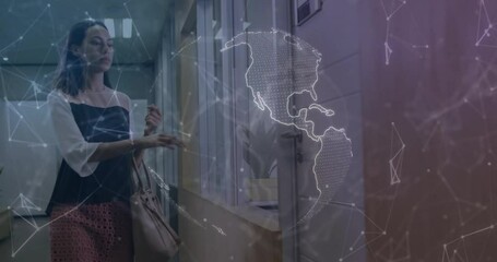 Poster - In office, woman interacting with digital world map animation on screen