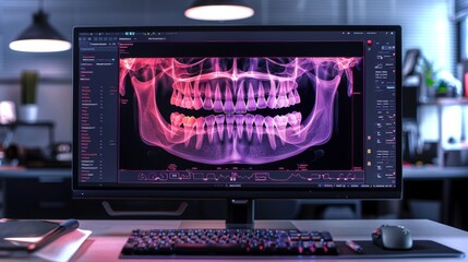 Fototapete - A digital workspace showcases sophisticated dental imaging software revealing a 3D representation of teeth and jaw alignment, aiding orthodontists in treatment planning.
