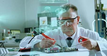 Poster - In lab, scientist working on circuit board with animation overlay