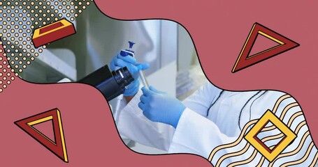 Poster - Handling equipment, scientist in lab coat with animation of abstract shapes