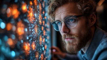 Fototapete - A researcher studies complex quantum phenomena on a digital display that shows visualizations of superposition and entanglement. The focus is on understanding quantum algorithms.